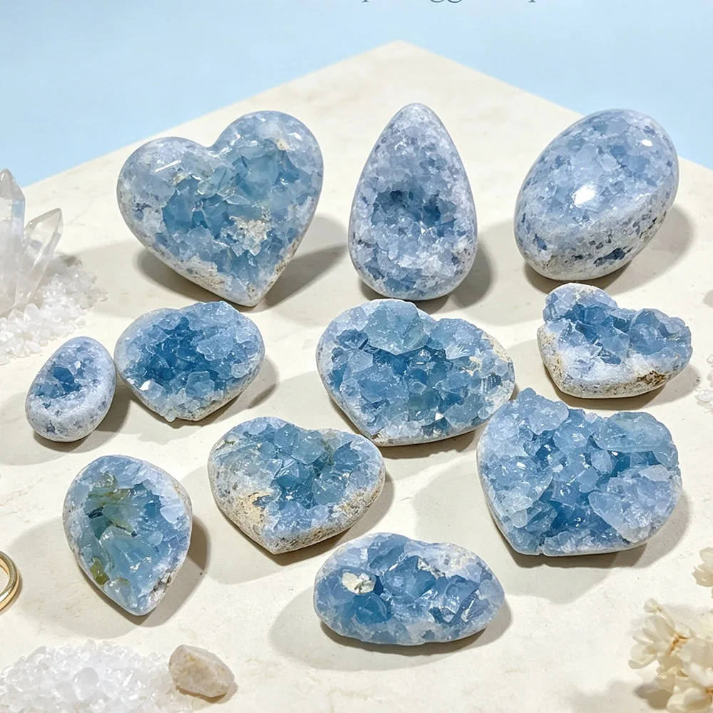 Cristal brut de Célestite bleue naturelle, géode en forme de cœur ou d'œuf, spécimen minéral, décoration de bureau, collection de méditation, cadeau