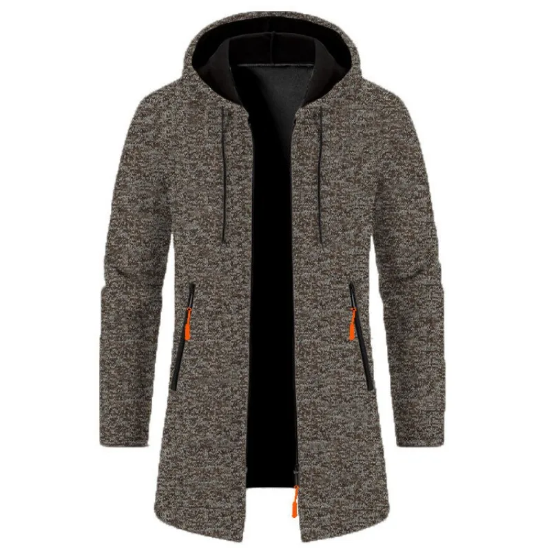 Autumn Men's Casual Long-sleeved Knitted Cardigan Jacket Fashion Solid Color Zipper Hooded Sweatshirt Long Woolen Coat