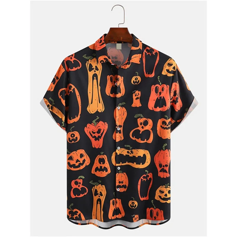 Pumpkin Skeleton Cat Graphic Hawaiian Shirt For Men Happy Halloween 3D Printed Aloha Shirts Casual Short Sleeve Lapel Top Blouse