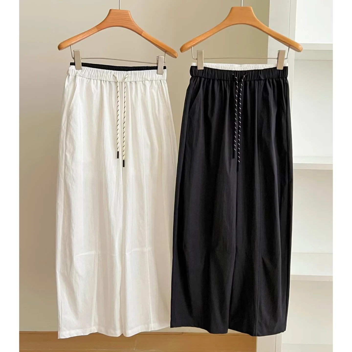 

High Waist Wide Leg Pants Casual Loose Fit Nine Points White Color Block Summer Thin Fabric Ladies Fashion High Waist Trousers