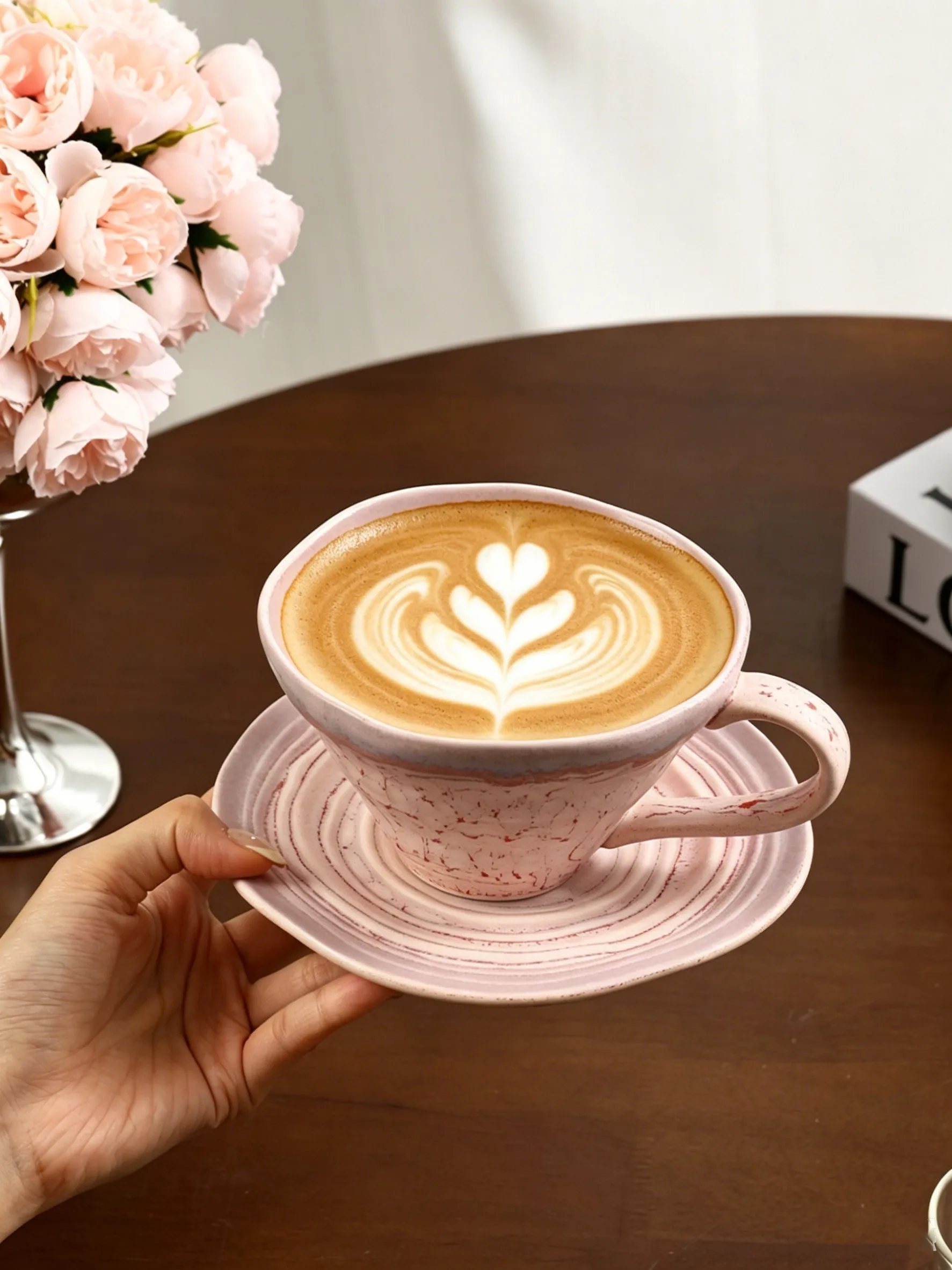 Exquisite Coffee Cup and Plate Set, Super Beautiful Ceramic Flower Cup, High Aesthetic Flowing Sand Cup, Table Decoration Gift