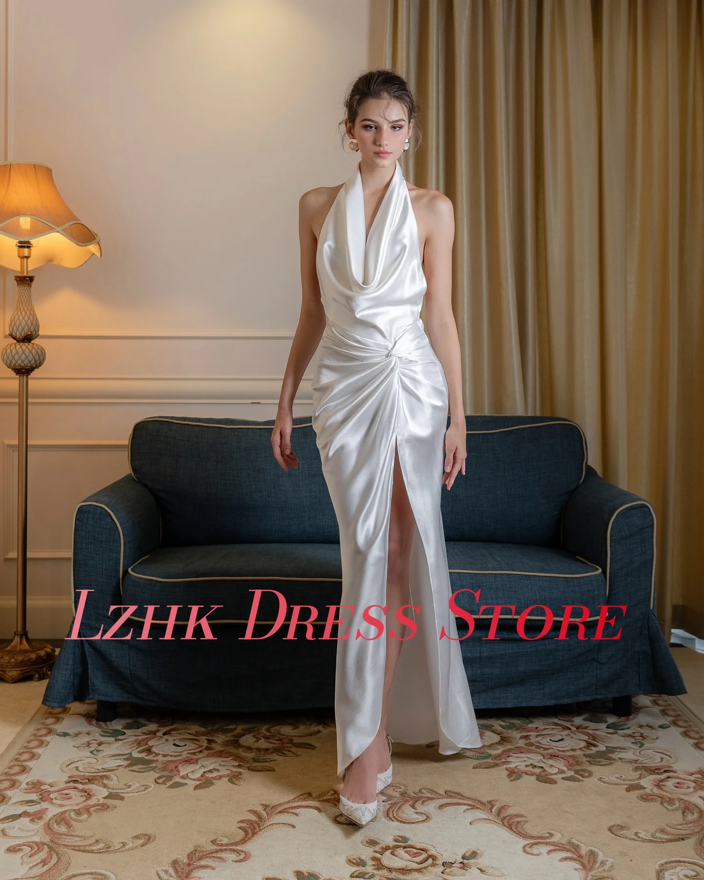 사용자 정의 섹시한 새틴 스트레이트 버튼 진주 이브닝 드레스 섬세한 민소매 홀터 바닥 길이 فساتين سهرة