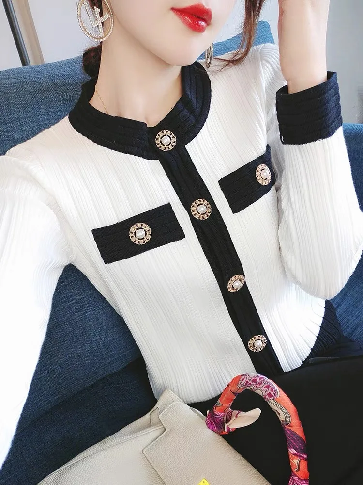 New Elegant Knitted Sweater Women High End Autumn Long Sleeve Patchwork Slim Short Cardigan Tops Korean Fashion Soft Clothing