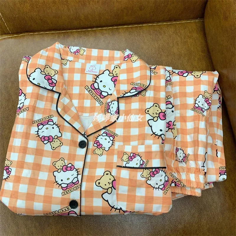 Cartoon Anime Sanrio Hello Kitty Printing Ladies Pajamas Spring Autumn Loose Casual Long-sleeved Trousers Homewear Two-piece Set