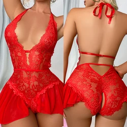 Hot Red Teddy Babydoll Dress Open Bra Stripper Sexy Crotchless Lingerie Women Lace Hollow Bodysuit Outfit Underwear G-string