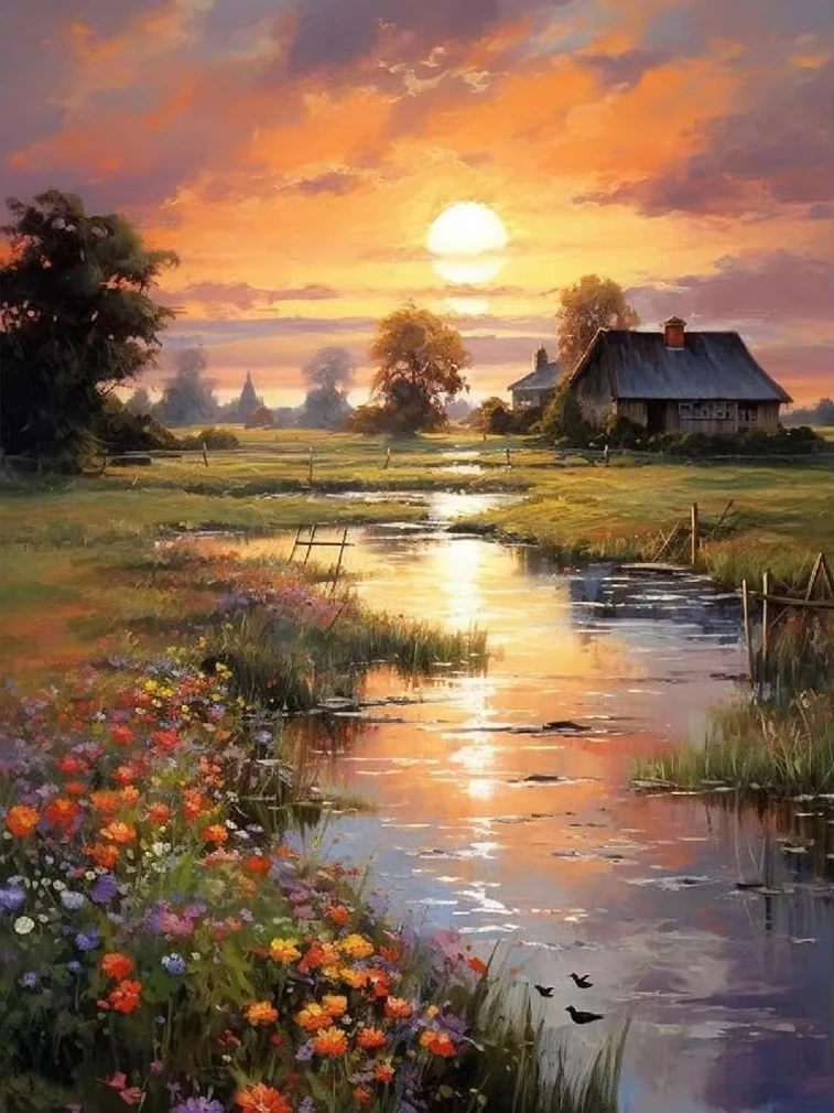 

500/1000/1200/2000 PCS Jigsaw Puzzles Scenery Outdoor Sunset Cabin Grass Family Activity Games for Gameroom Bedroom Home Decor