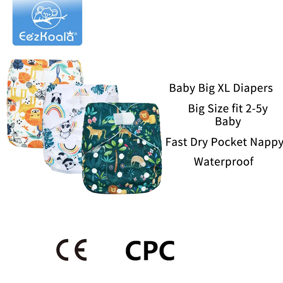 EezKoala Eco-Friendly Big Size XL Cloth Diaper Washable Adjustable Nappies Reusable Cloth Diapers Cover Fit 2-5 Years Baby