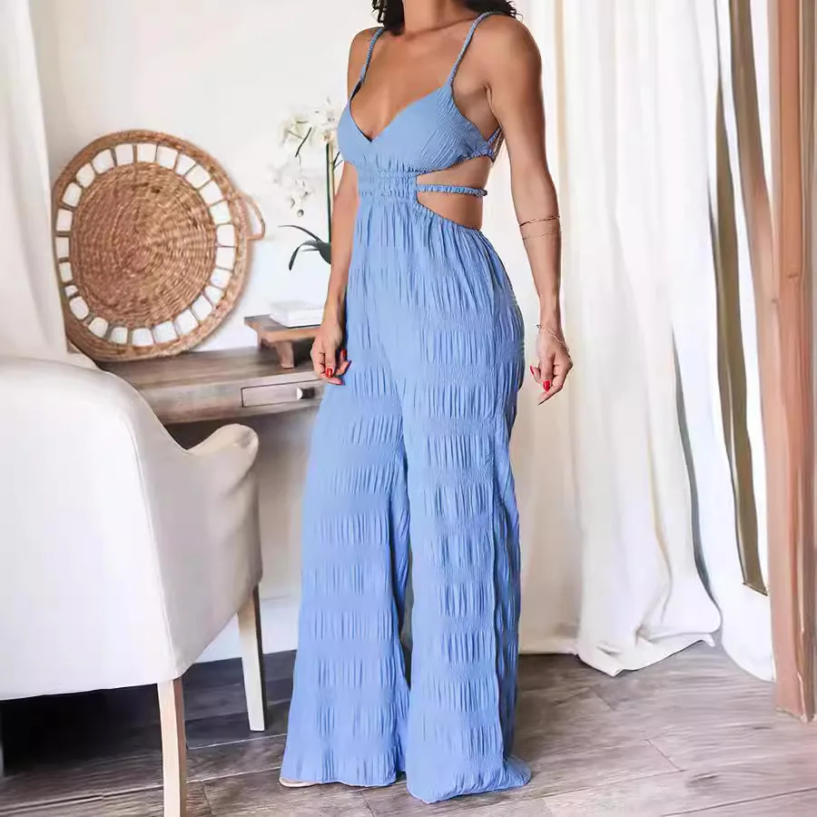 

Sexy Backless Jumpsuits For Women Elegant Deep V Neck Hollow Tops Pleat Wide Leg Jumpsuit 2026 Fashion Slim High Waist Romper