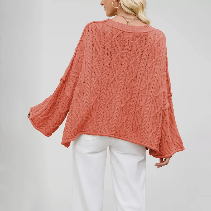 New Womens Oversized Cable Knit Bell Sleeve Sweater Crew Neck Side Slit Casual Pullover for Fall Winter view 3