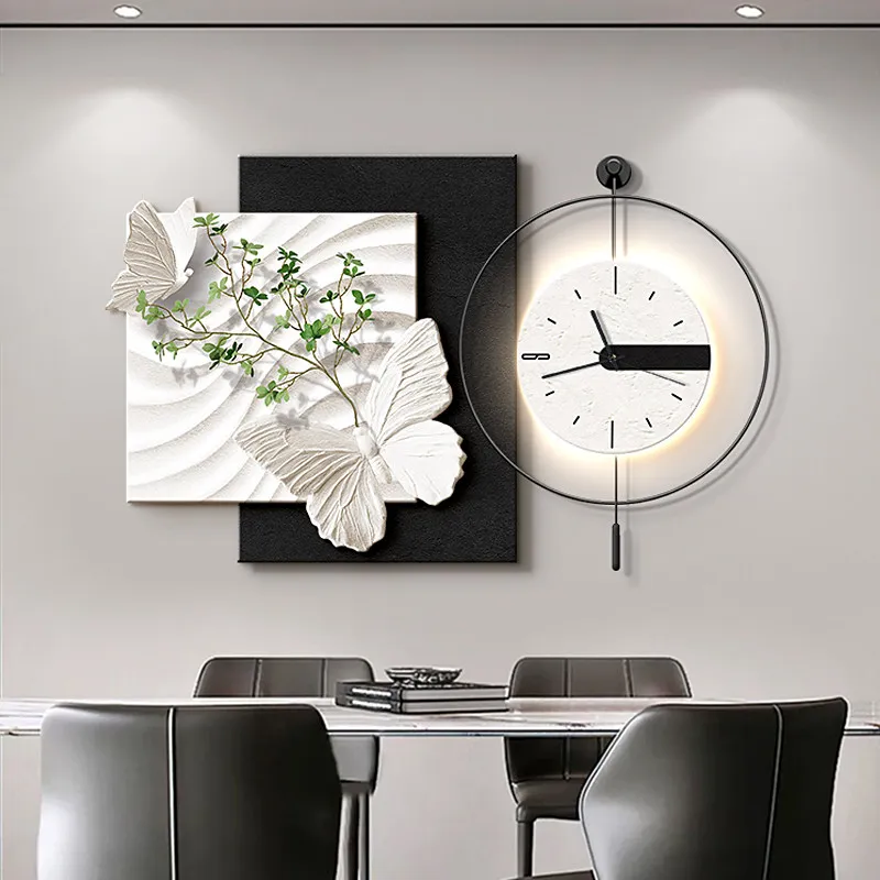Modern Led Decorative Painting Black And White Wall Clock Sandstone Home Decoration Living Room Bedroom Wall Painting Light