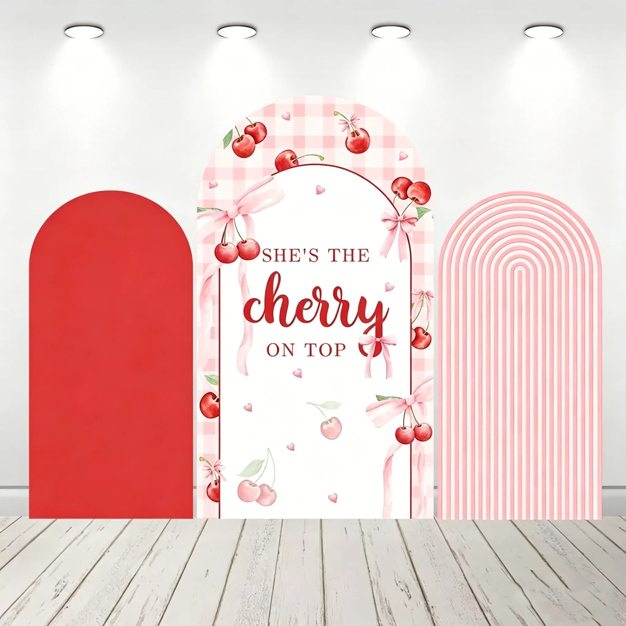 

LS Custom 2-Sided She's the Cherry on Top Bow Girl Birthday Party Baby Shower Cover Chiara Arch Background Decor Backdrop