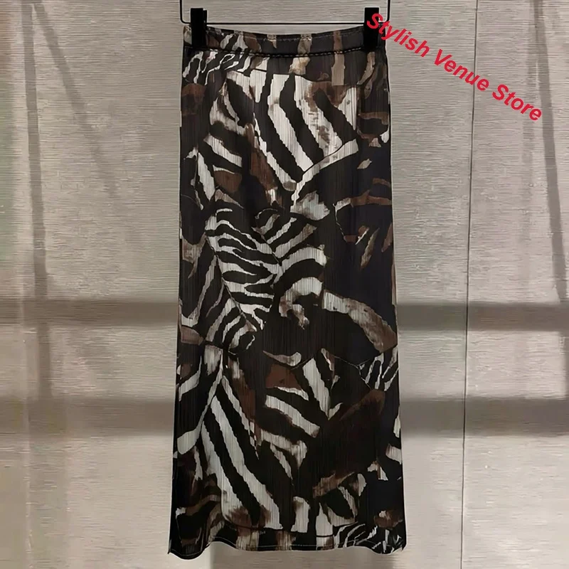 Japanese Miyake Holiday Style Printed Pleated Skirt Women's Summer and Autumn High Waist Temperament Coffee-colored Long Skirt