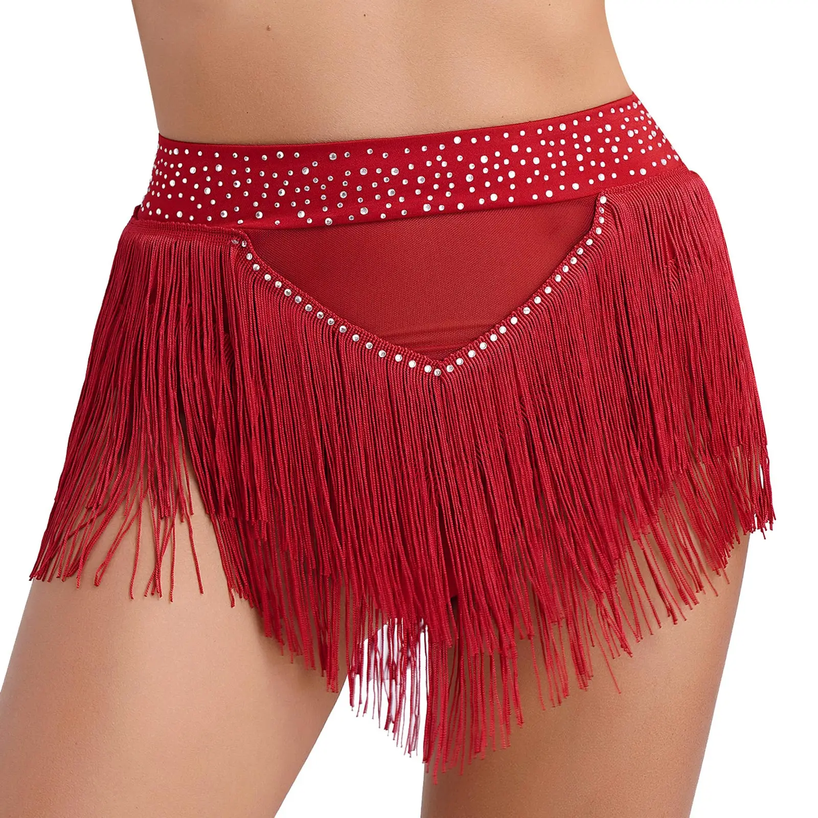 Pantaloncini da danza del ventre con nappe da donna fondo con strass lucidi alto elastico vedere attraverso slip in rete intimo Samba Dancewear