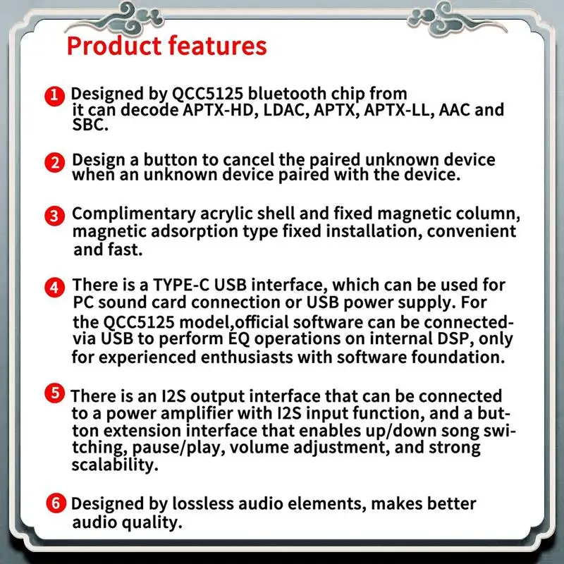 Premium QCC5125 Bluetooth 5.1 Lossless Decorder Board Aptx LDAC Wireless Adapter Lossless Hd Sound Quality Audio Decoder Board
