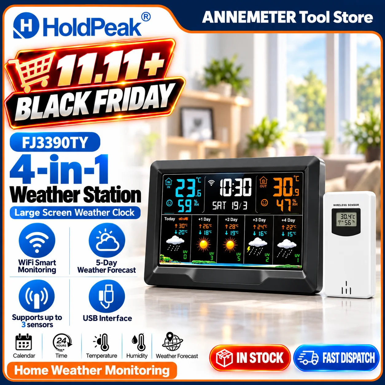 WiFi Weather Station with Wireless Sensor Tuya APP Indoor Outdoor Thermometer Hygrometer 5-Day Forecast Temperature Humidity