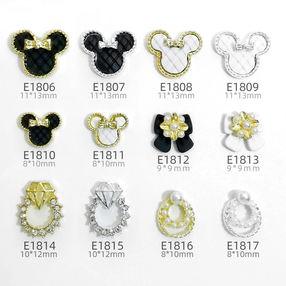 Lot de 10 accessoires pour ongles en alliage 3D, charmants et originaux, en forme de tête de souris noire et blanche, avec bague en diamant et nœud