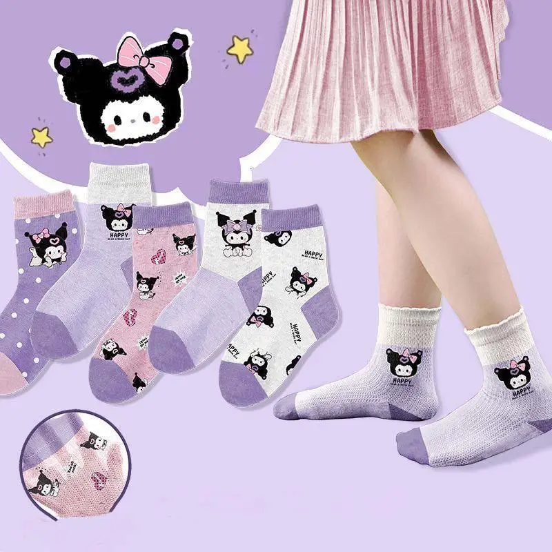 5 Pairs Anime Kawaii Sanrios Cinnamoroll Kuromi Middle Barrel Kids Socks Comfort Ice Silk Girl Sock Breathable Thin Cotton Socks