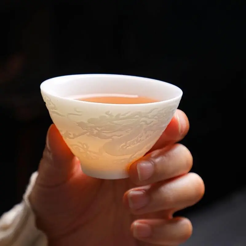 porcelain tea cup dragon relief 60ml white china ceramic master cup new