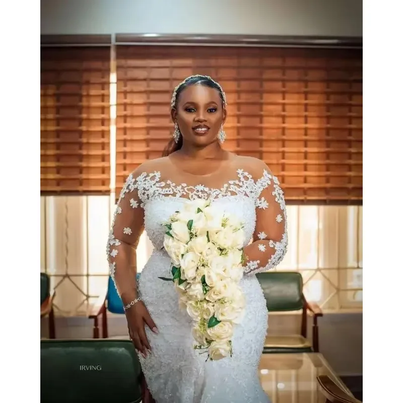 تخصيص شير جوهرة الرقبة حجم كبير حورية البحر مطرز كريستال 2025 فستان الزفاف الدانتيل الأفريقي زين كم طويل فستان زفاف