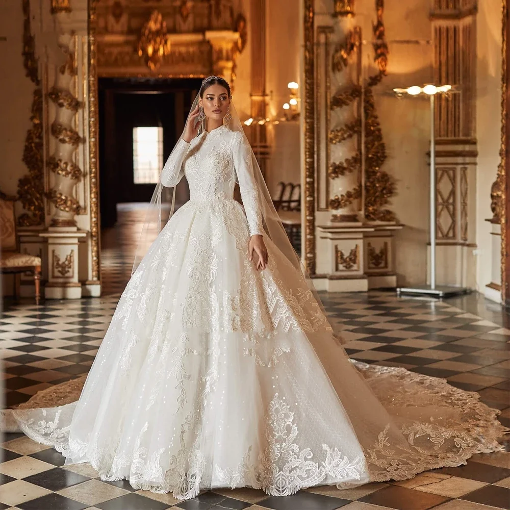 Customized Muslim Wedding Dresses High Collar Beading Appliques Lace Full Sleeves Princess Bride Gowns Vestidos De Novia