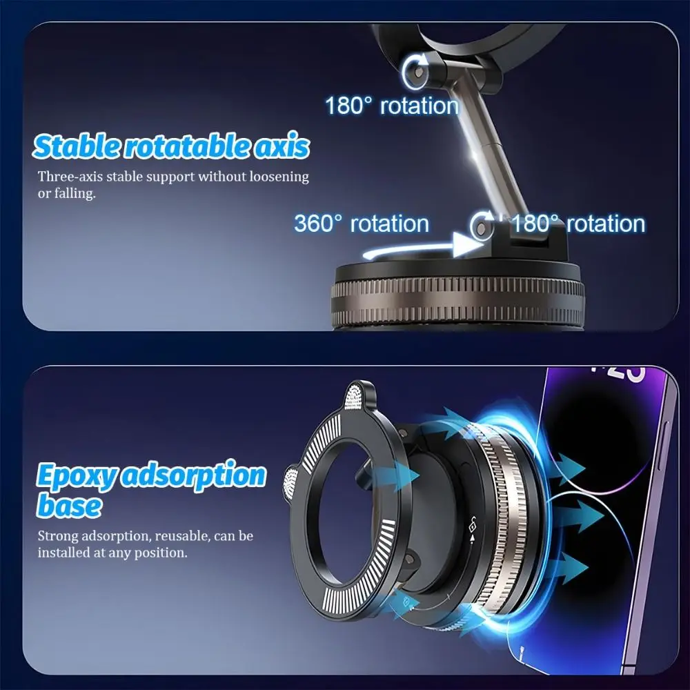 Vacuum Magnetic Car Phone Holder 360° Rotation Adjustable Mobile Phone Stand Foldable Adsorption Bracket Smooth Surface
