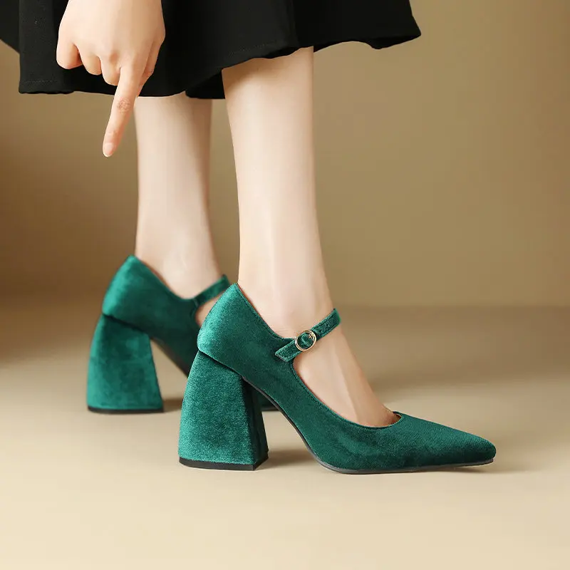 

Autumn Single Shoes Gold Velvet Pointed Thick Heels Ultra High Heels Shallow Mouth Single Shoes One Line Buckle Mary Jane Shoes