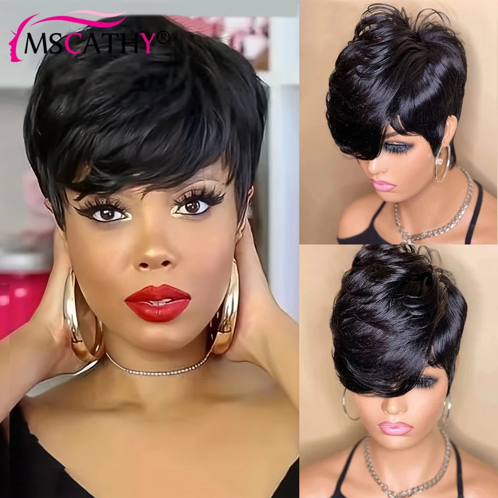 Short Pixie Cut Remy Human Hair Wigs Ready To Wear Straight Natural Color Full Machine Made Bob Wig With Bangs