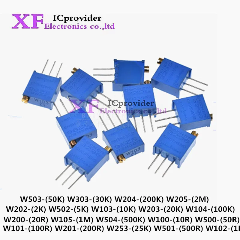 10PCS 3296 potentiometer Kit High Precision 3296W Variable Resistor 100R -1M 200R 500R 1k 2k 5K 10K 20K 50K 100K 200k 500k