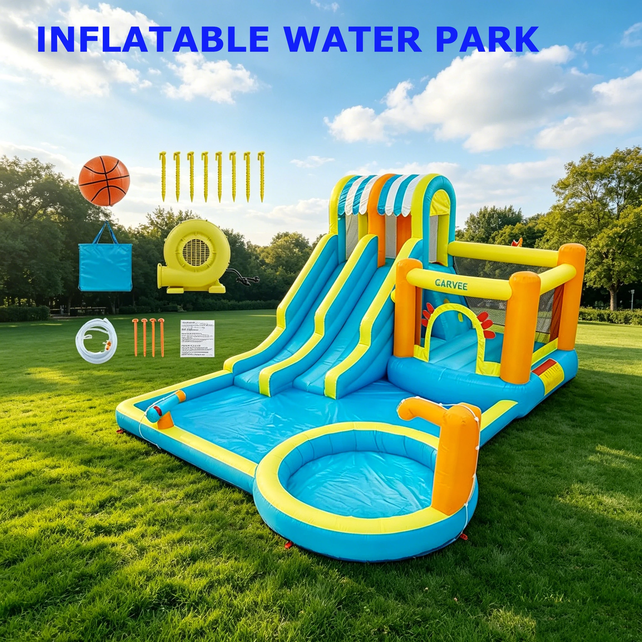 

8-in-1 Dragon Theme Hexagonal Inflatable Water Park for Kids – Large Pool, Dual Slides, Climbing Walls, Bouncer, Durable Oxford, 550W Blower Outdoor Fun