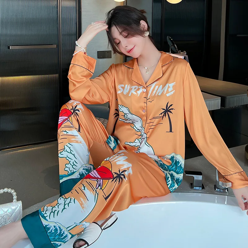 Female Pajamas Summer Rayon Long Sleeve 2PCS Shirt&Pant Pijamas Suit Orange Trouser Suits Print Sleepwear Loose Home Clothing