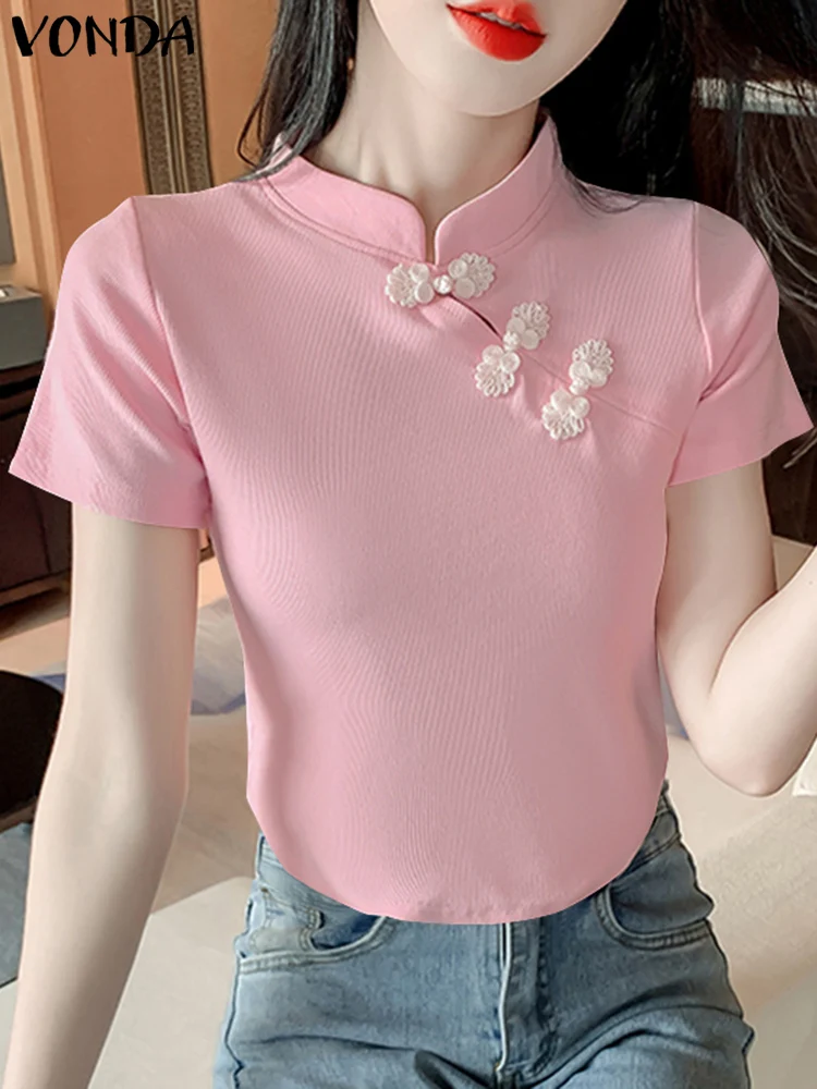 Vonda neue chinesische Stil Frauen hemden Mode Sommer Tops Bluse lässig einfarbige Tunika elegante halbhohe Kragen Blusas