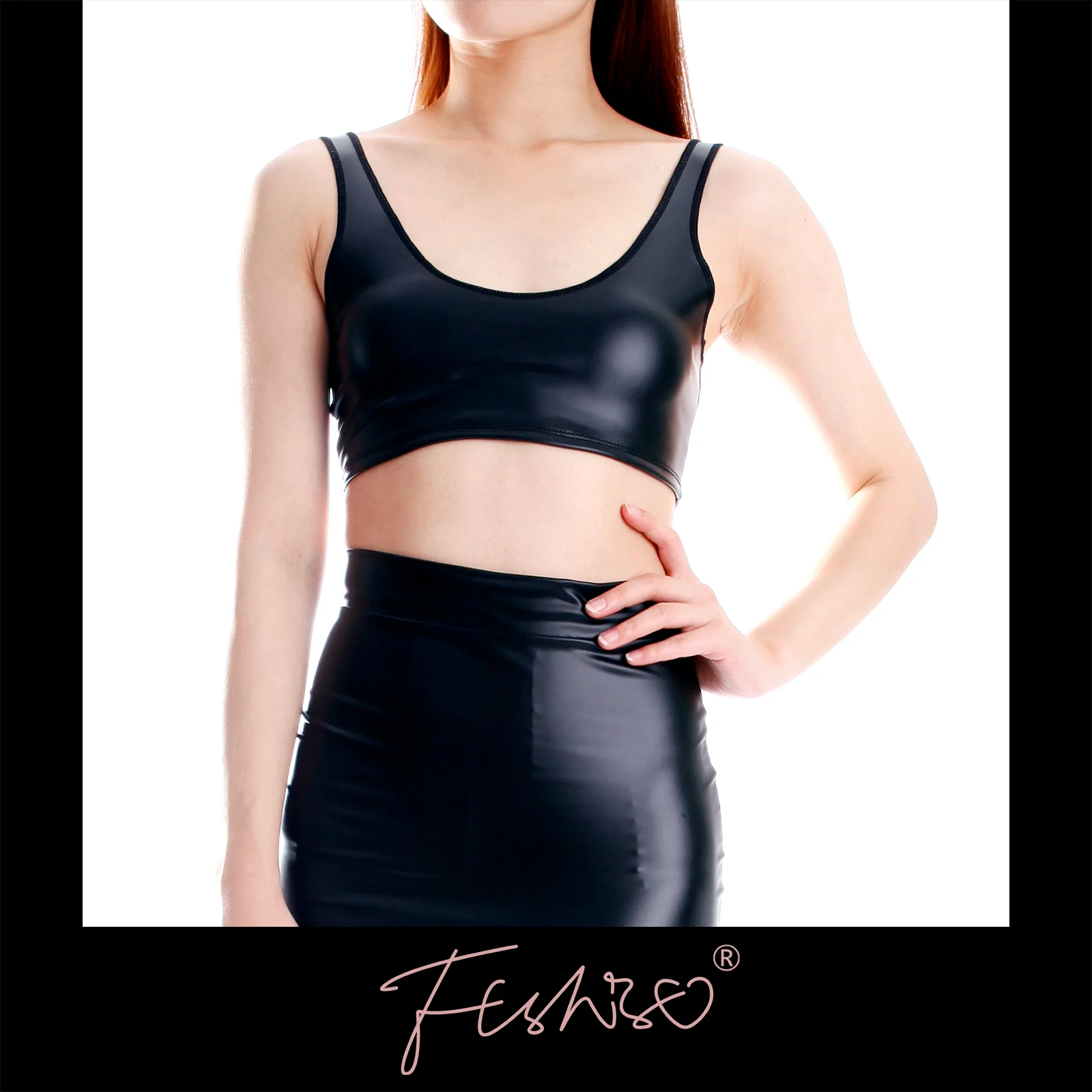 Ftshist Matte Faux Leather Bra Vest Black Wet Look Crop Stretch Camis Camisole No Wire Comfortable PU Leather Bralette Underwear