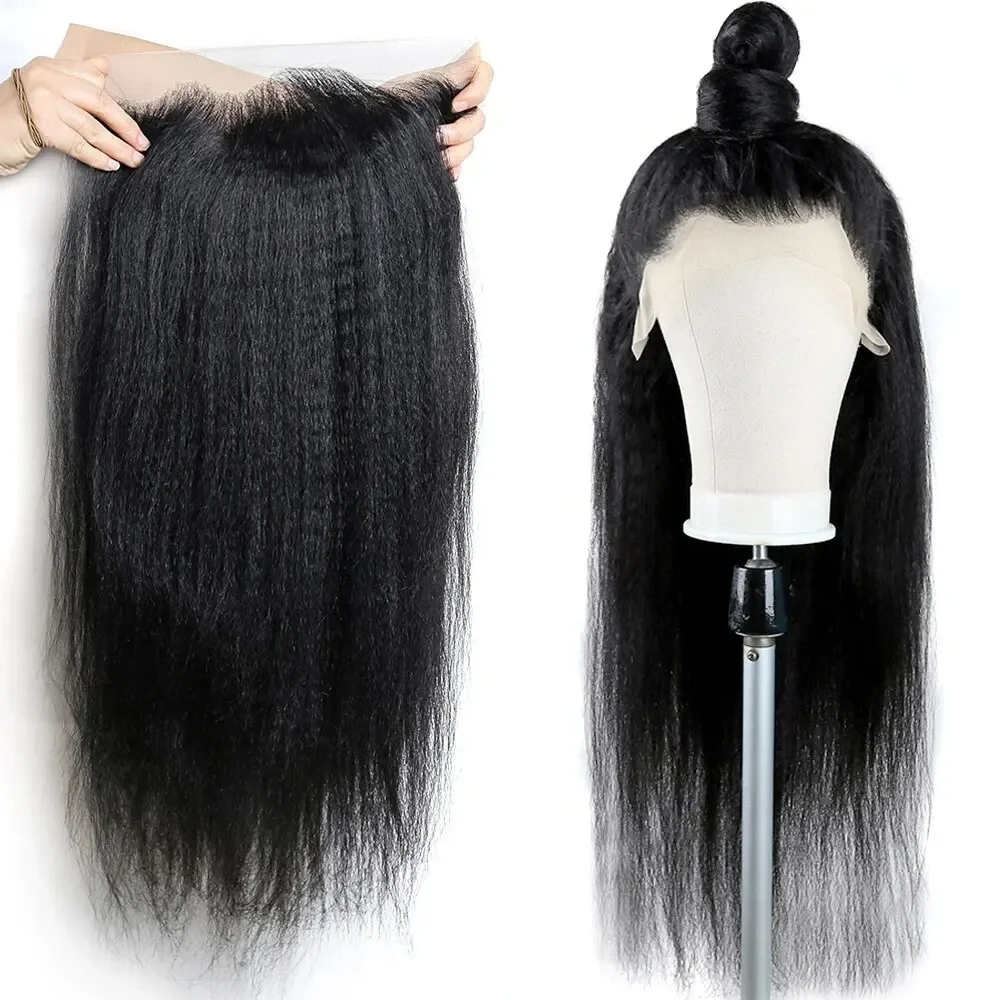 Peluca frontal de encaje liso Yaki para mujer, pelo de bebé sin pegamento, suave, 180de densidad, 26 "de largo, negro, predesplumado, resistente al calor