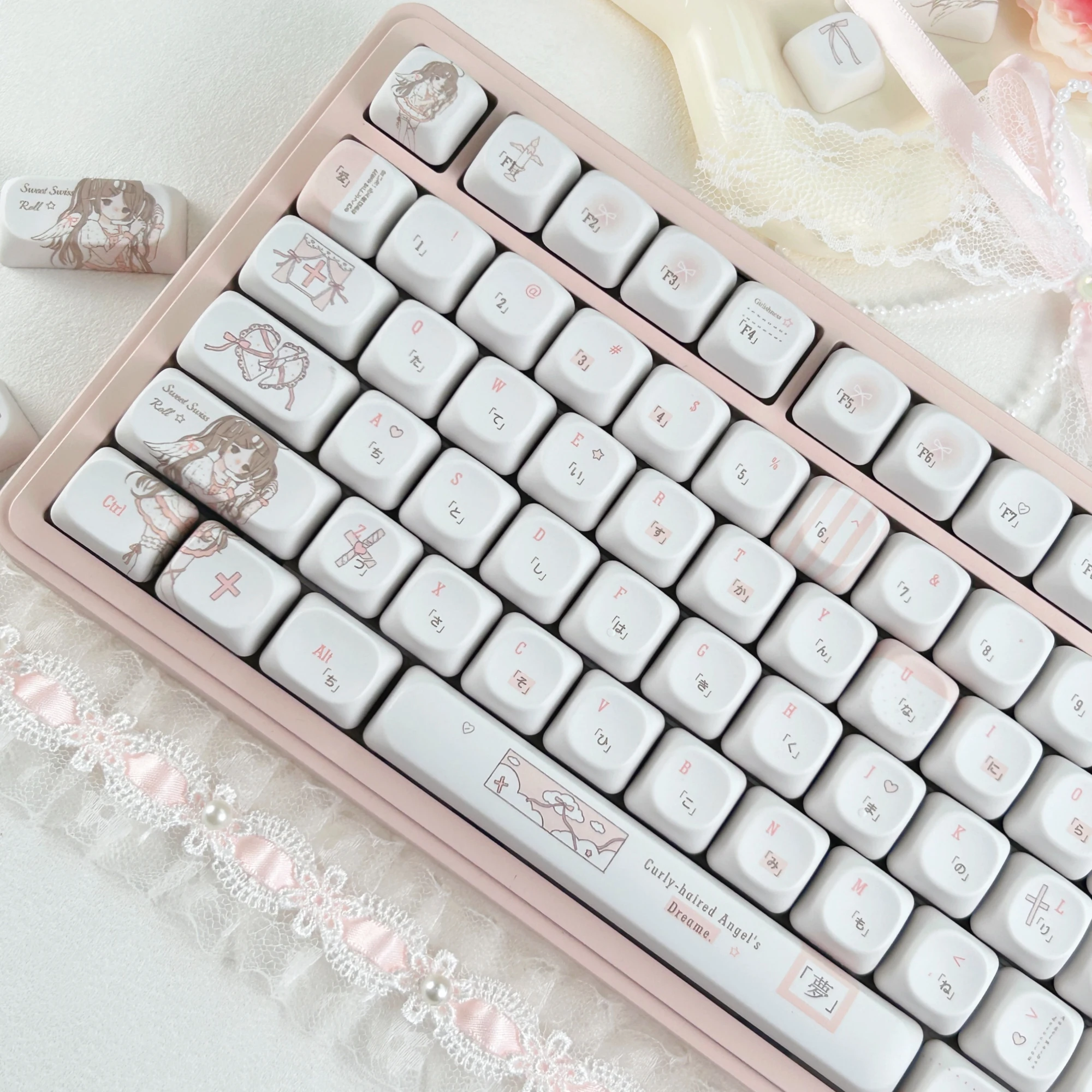 MAIMOOO Pink White Lolita Style Keycaps Russian Korean MOA Cherry Profile Cute Curly-Haired Angel Keycap for Mechanical Keyboard - view 5