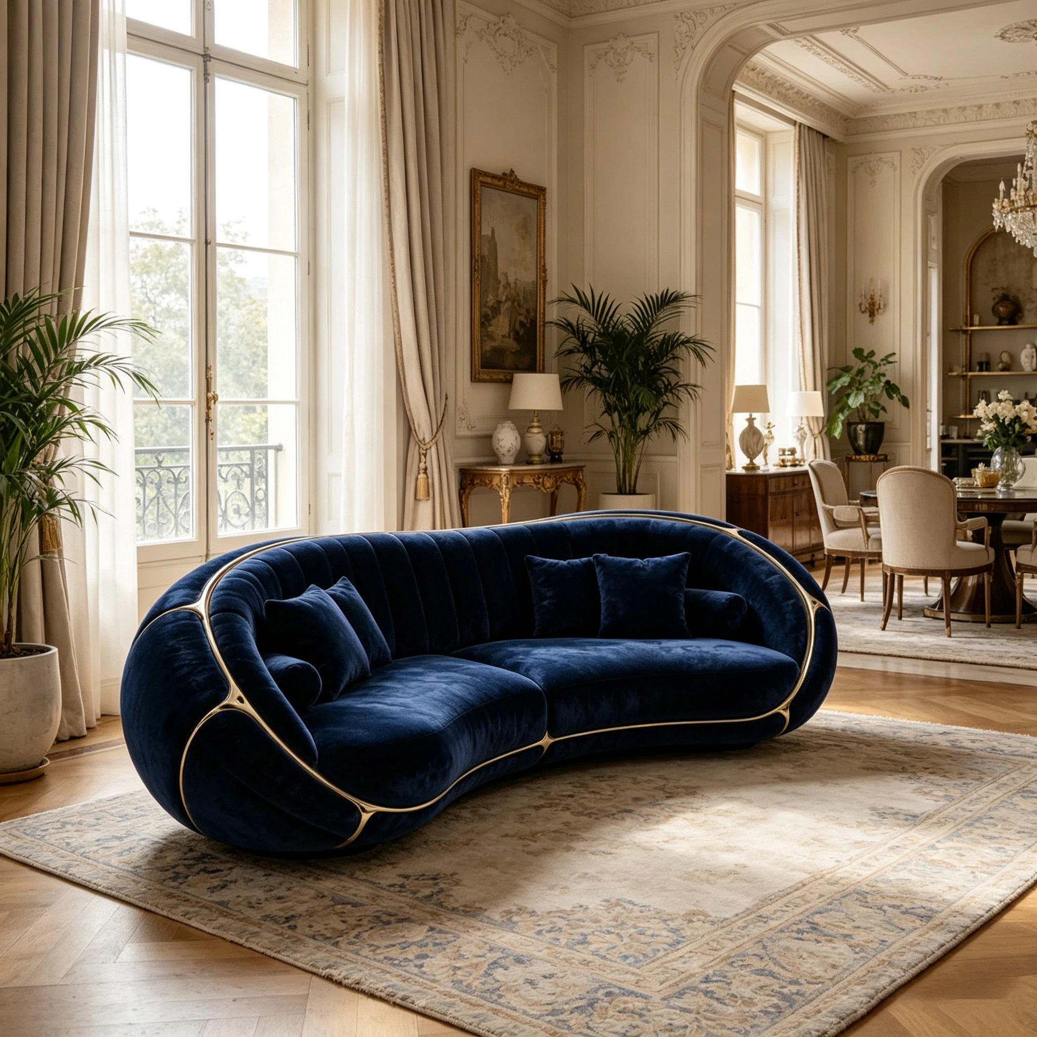 Z*-Thin Golden Fiberglass Outline Home Sofa Curved Deep Blue Velvet Channel Cushion With Decor Pillows^