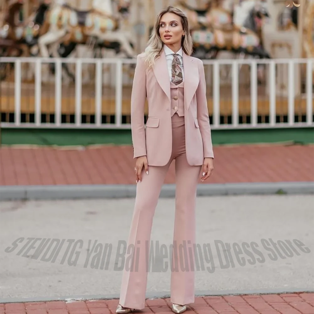 Elegant Pink Women's Suit 3 Piece Wide Peak Lapel Slim Fit Blazer Vest Pants High Quality Business Casual Formal Office Outfit