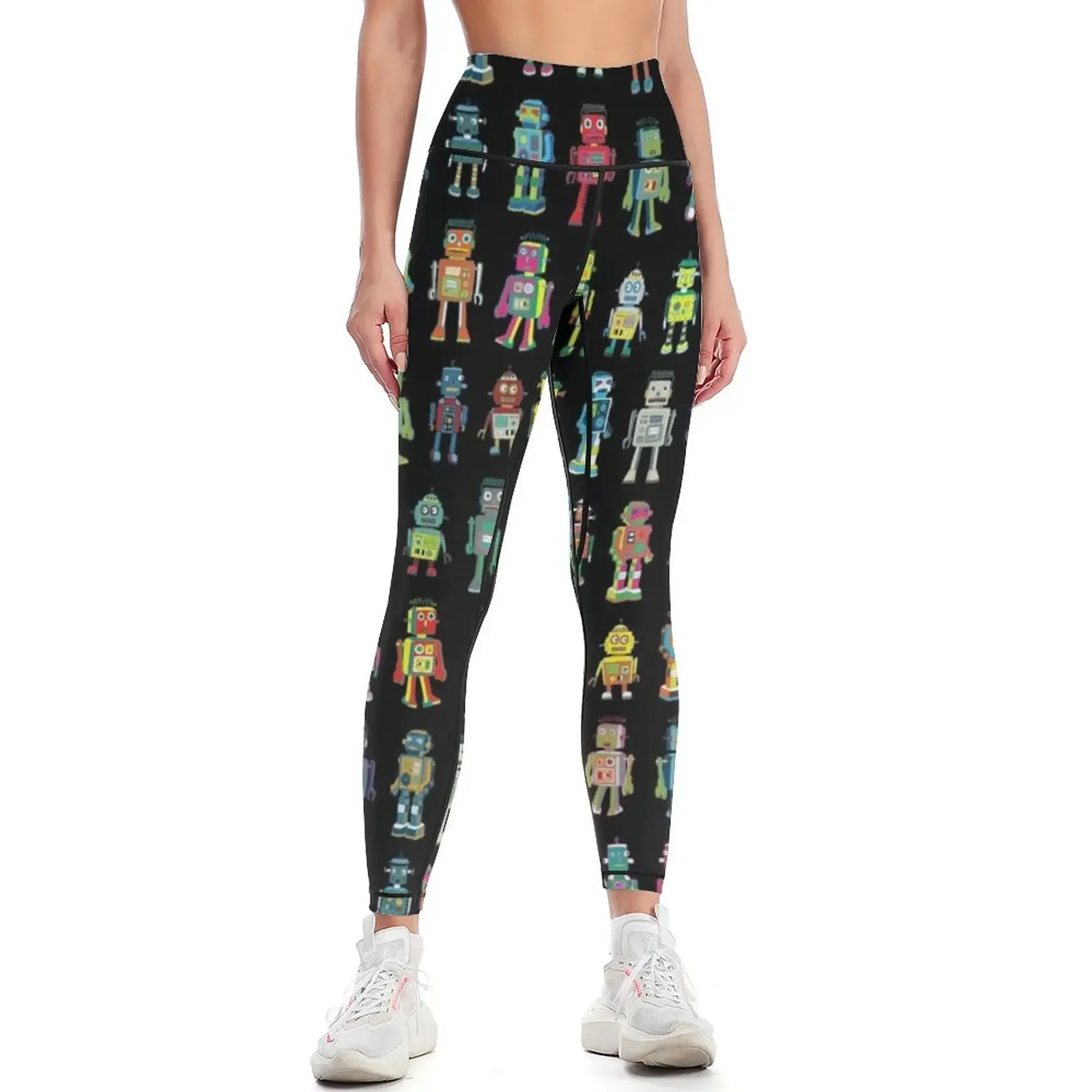

Robot Line-up on Black - fun pattern by Cecca Designs Leggings Women's pants trousers Pants sport Womens Leggings