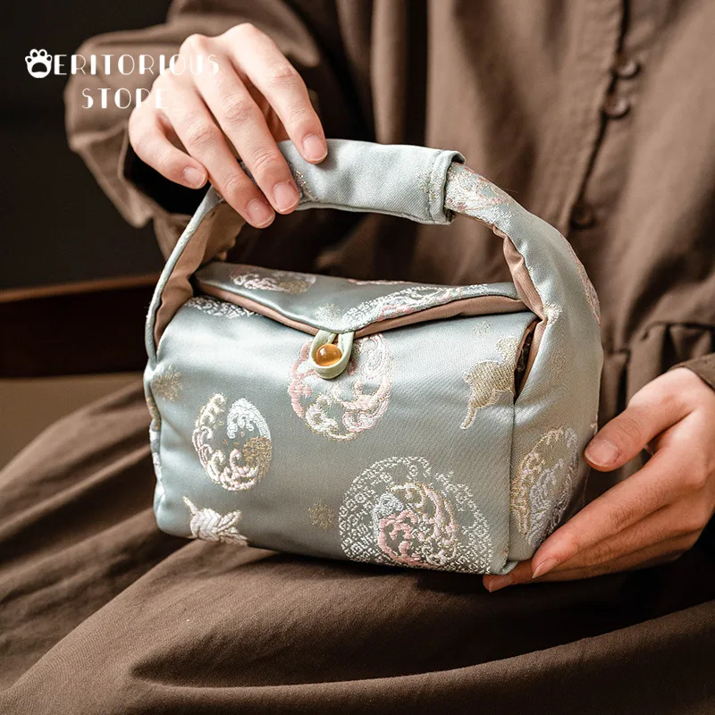 Brocade Rabbit Teacup Bag Small Handbag Tea Cozy Travel Set Storage Bags Handmade Embroidery Portable Tea Ceremony Bag Camping
