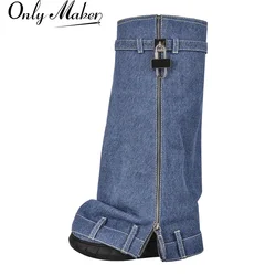 Onlymaker Women Spring Knee Boots Denim Lock Shark Boots  Zipper Washed Cloth Create Old Design Wedge Heel Thick Boots