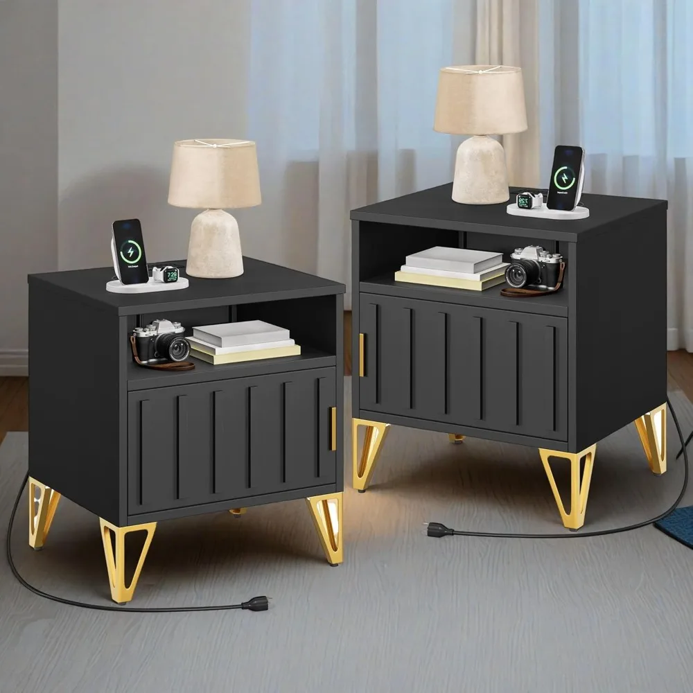 

End Tables with Charging Station, Metal Night Stand Set 2, Small Bedside End Tables, Modern Side Tables