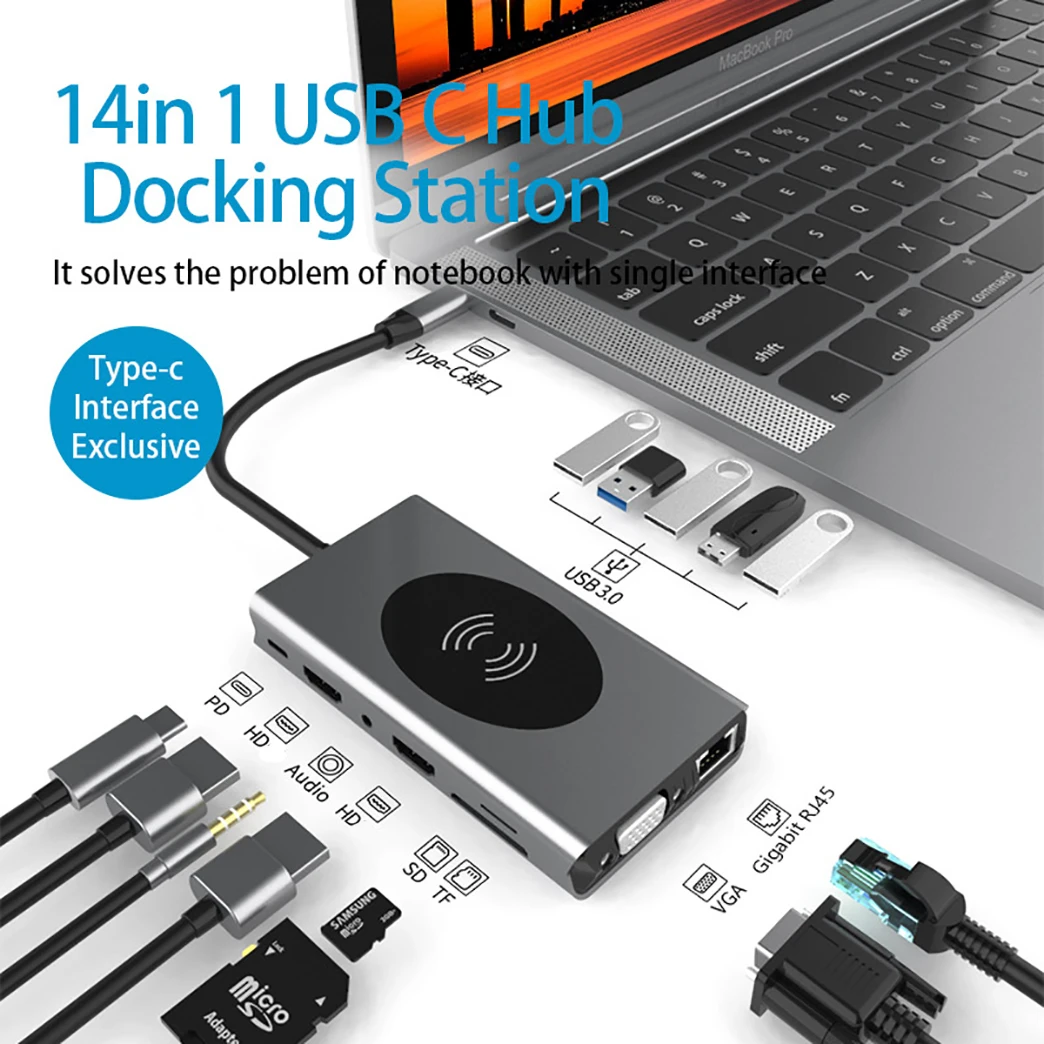 14 in 1 Type-C Hub Multiport Adapter Dual HDMI VGA Gigabit LAN PD Fast Charge SD TF Reader Aluminum Dock For MacBook Laptop Cell