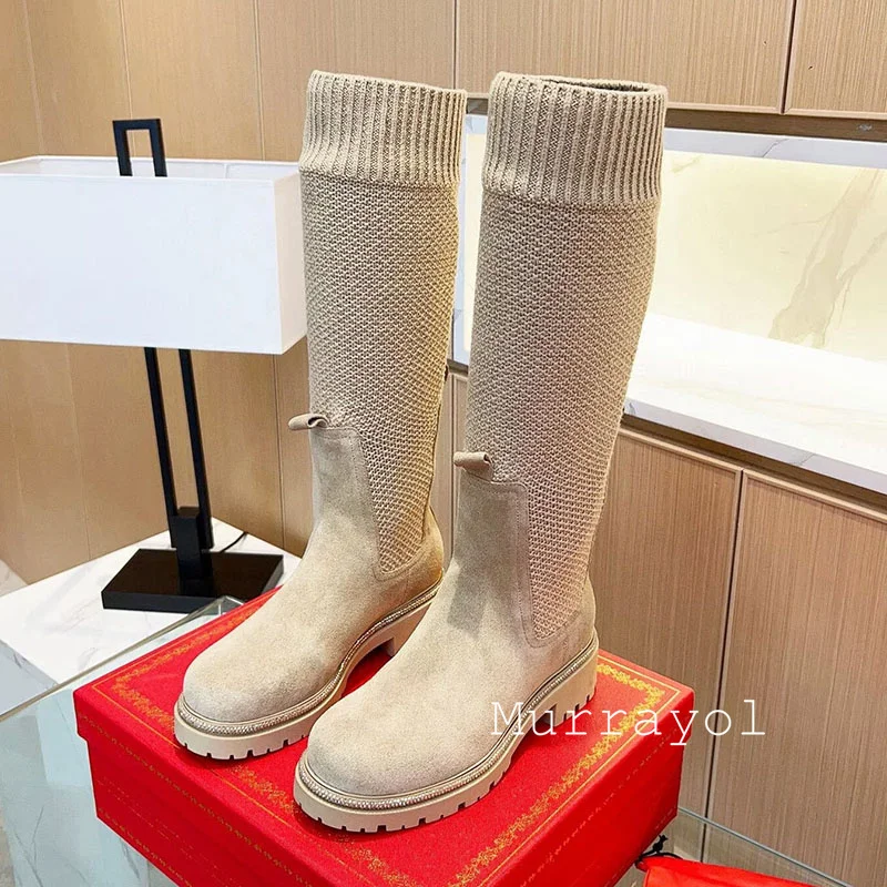 Knee High Boots Autumn Winter Suede Flat Thick Sole Sock Boots Women Round Toe String Bead Knitted Elasticity Long Booties view 5