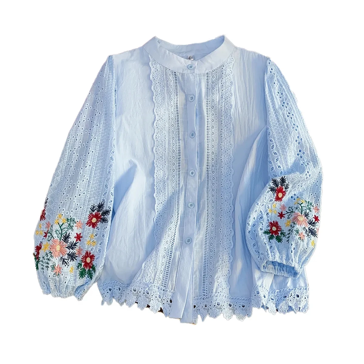 Retro chiński styl haftowany kwiat koszula damska Top latarniowy rękaw koronkowa patchworkowa koszula damska 2025 letnia luźna koszulka Top