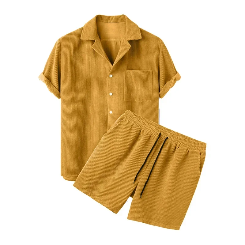 Men's Two Piece Set Summer New Solid Color Corduroy Casual Suit Collar Shirt Shorts Set