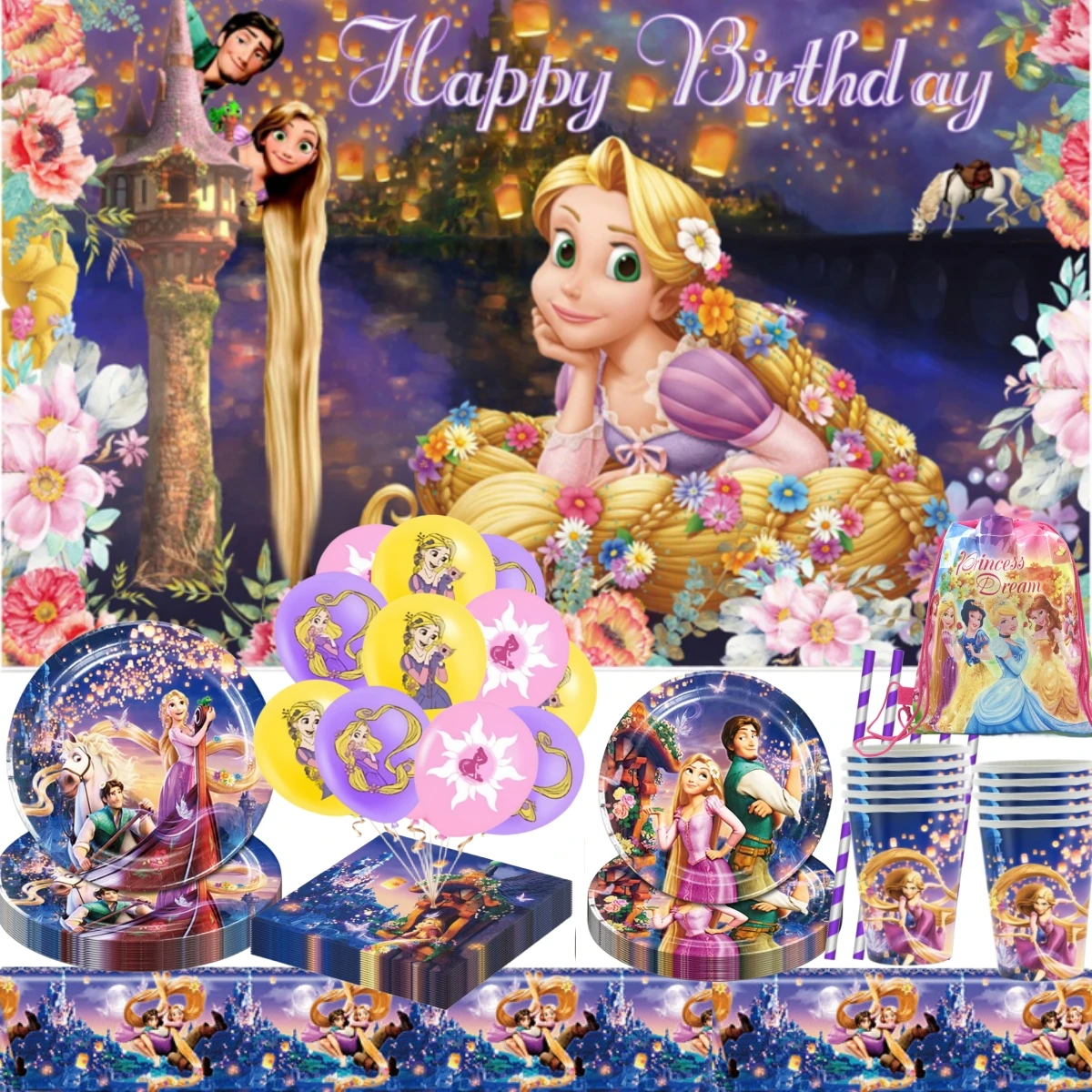 20/10Person Disney Tangled Rapunzel Birthday Party Decoration Disposable Tableware Plates Tablecloth Girls Favors Party Supplies