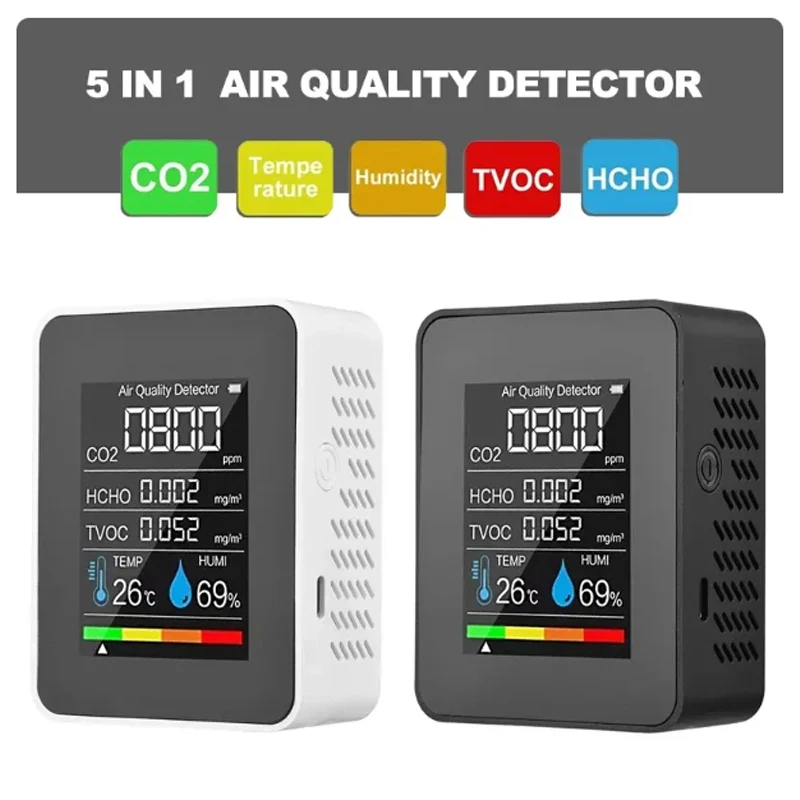 Hot Sell Multifunctional 5in1 CO2 Meter Digital Temperature Humidity Tester Carbon Dioxide TVOC HCHO Detector Air Monitor