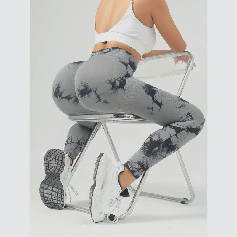 Pantalones invisibles con entrepierna para mujer, pantalón de Yoga sin costuras con estampado blanqueador de corbata, cintura alta, levantamiento de cadera, deportes, correr, moda Sexy