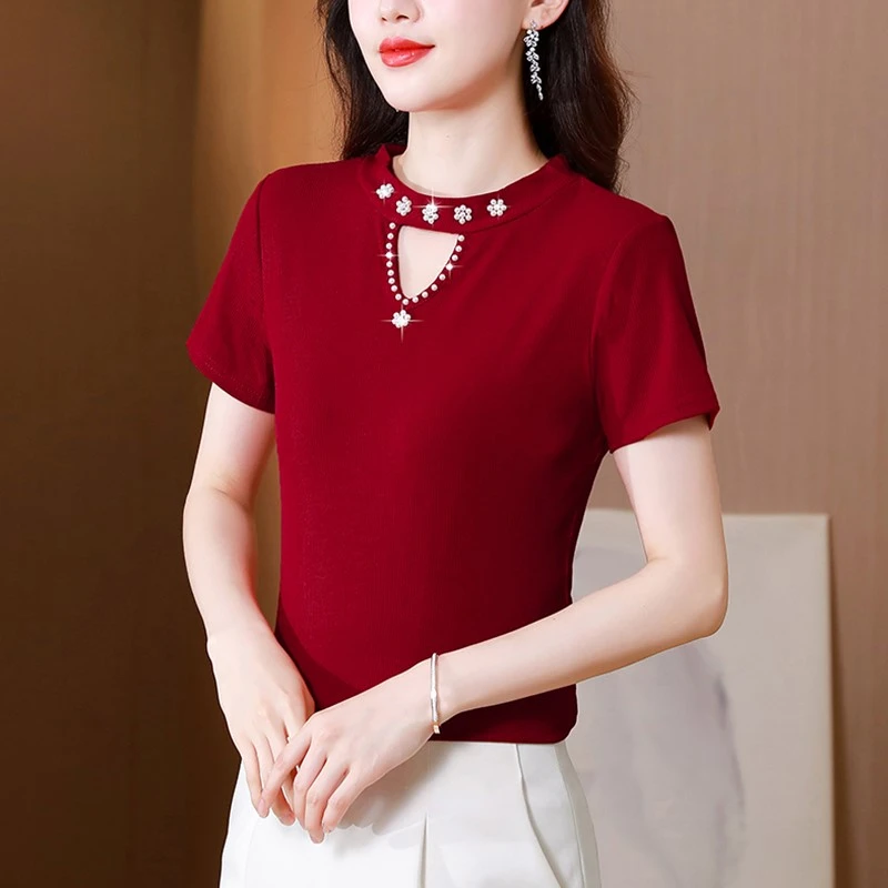 아이스 실크 모달 또는 스웨이드 니트 티셔츠 여성 슬림핏 베이스 티셔츠 여름 신상 캐주얼 클래식 라운드 넥 탑