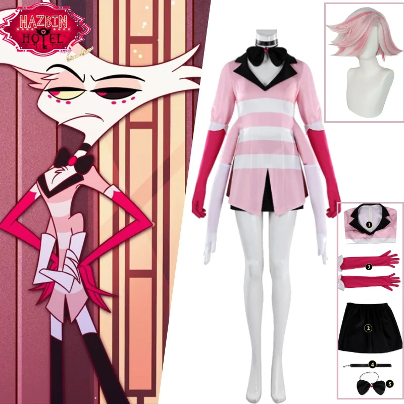 

Hazbin Hotel Anthony Cosplay Costume Angel Dust White Pink Striped Gloves Bow Tie Wig Halloween Dress Set Cosplay Hazbin Hotel