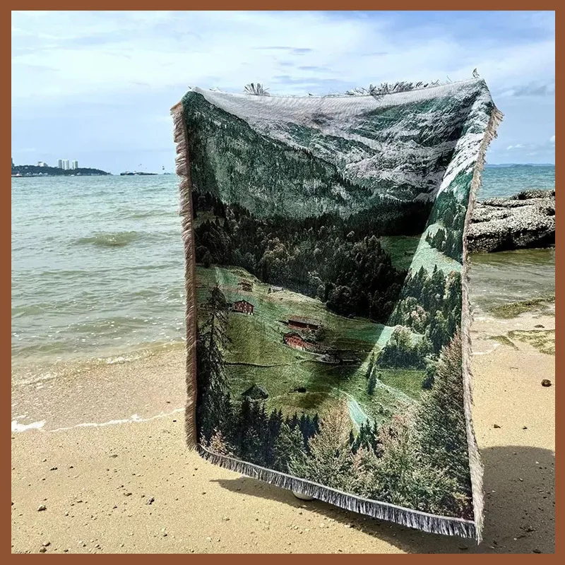 130x160cm Large Knitted Tapestry Blanket Rustic Farmhouse Decor Thick Cotton Thread Sofa Throw for Couch Travel Tent Picnic